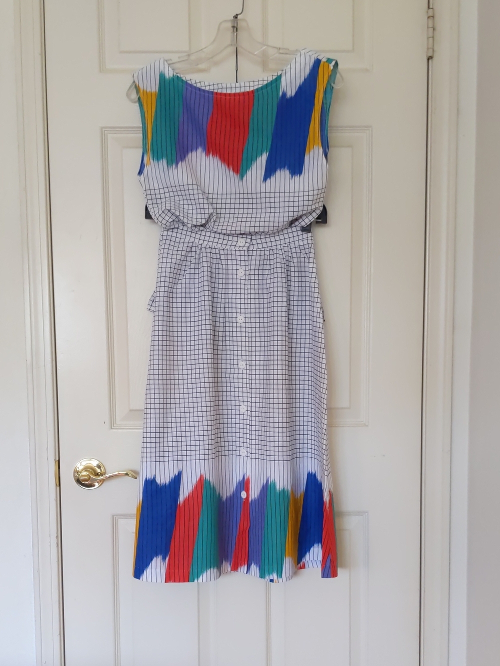 NWOT. White Grid Sleeveless Top & Midi Skirt w/Multicolor Brushstroke Design 2pc